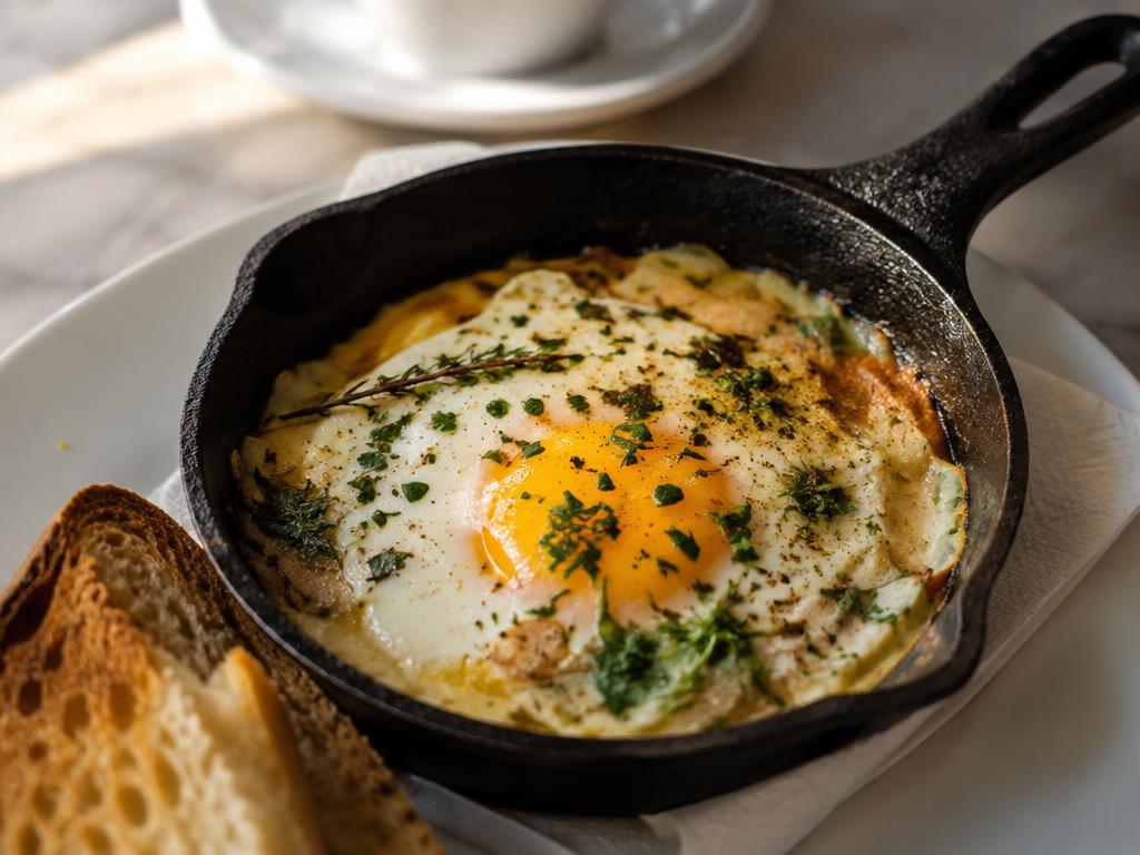 Baked egg in a small cast-iron pan